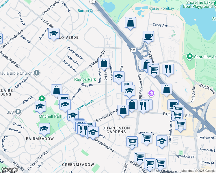 map of restaurants, bars, coffee shops, grocery stores, and more near 3886 Ross Road in Palo Alto