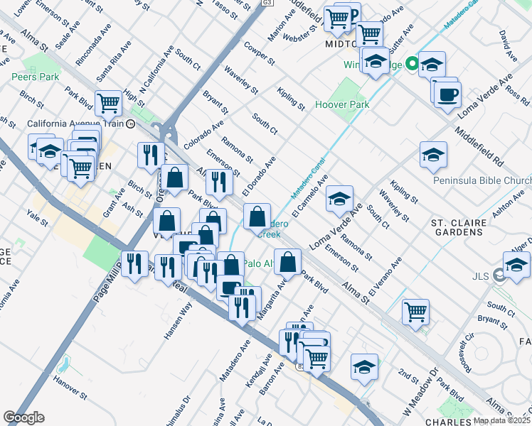 map of restaurants, bars, coffee shops, grocery stores, and more near 2889 Alma Street in Palo Alto