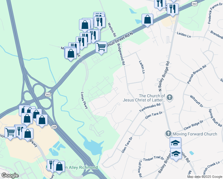 map of restaurants, bars, coffee shops, grocery stores, and more near 4122 Ebbies Crossing in Midlothian