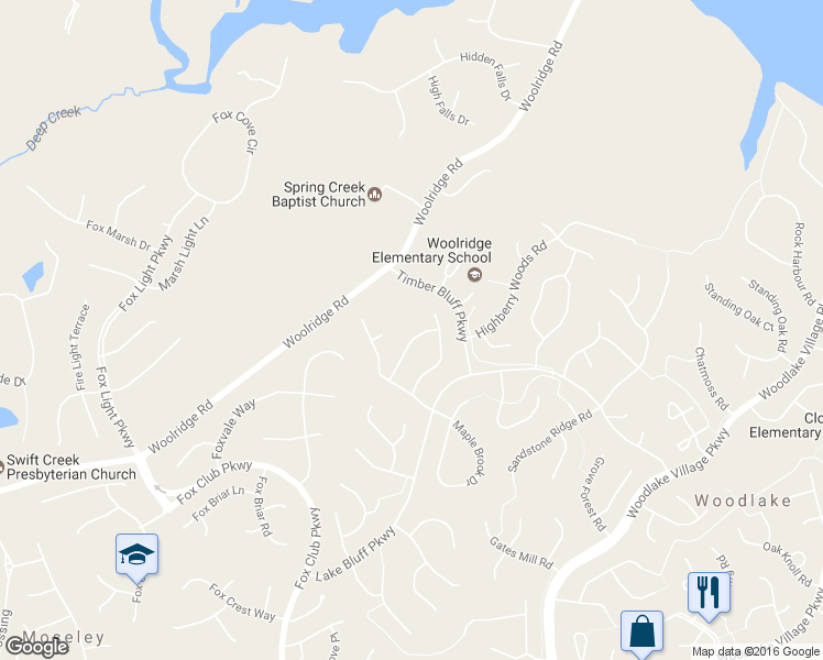 map of restaurants, bars, coffee shops, grocery stores, and more near 5506 Windy Ridge Terrace in Midlothian
