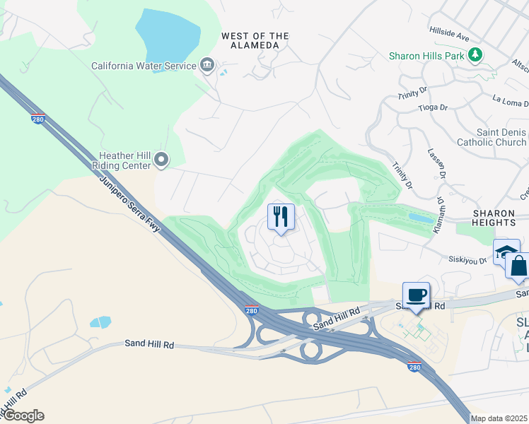 map of restaurants, bars, coffee shops, grocery stores, and more near 402 Sand Hill Circle in Menlo Park