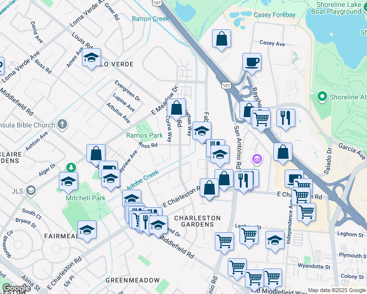 map of restaurants, bars, coffee shops, grocery stores, and more near 3886 Ross Road in Palo Alto