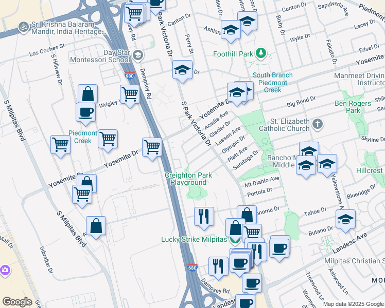 map of restaurants, bars, coffee shops, grocery stores, and more near 1224 Glacier Drive in Milpitas