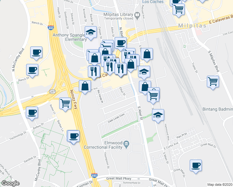 map of restaurants, bars, coffee shops, grocery stores, and more near 343 Ethyl Street in Milpitas