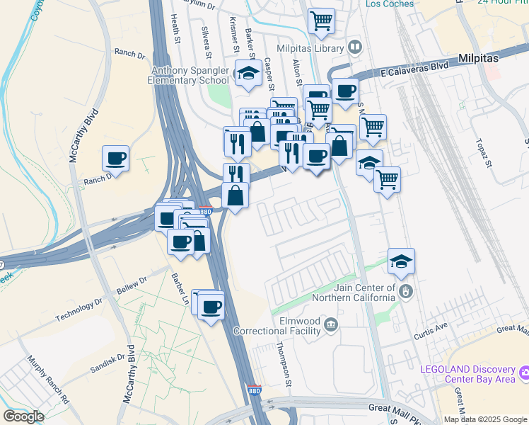 map of restaurants, bars, coffee shops, grocery stores, and more near 295 Rio Verde Place in Milpitas