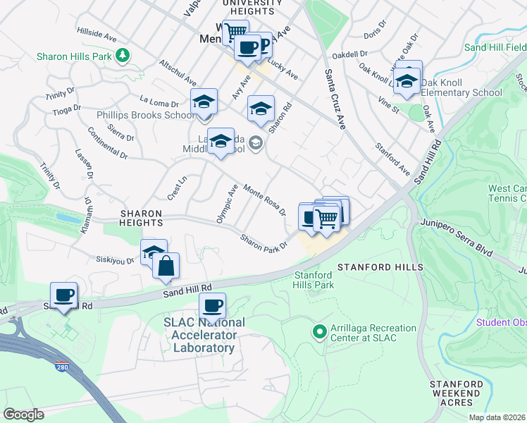 map of restaurants, bars, coffee shops, grocery stores, and more near 665 Monte Rosa Drive in Menlo Park