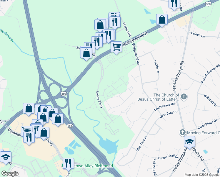 map of restaurants, bars, coffee shops, grocery stores, and more near 3817 Maze Runner Drive in Midlothian