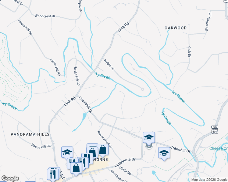 map of restaurants, bars, coffee shops, grocery stores, and more near 124 Overlink Court in Lynchburg