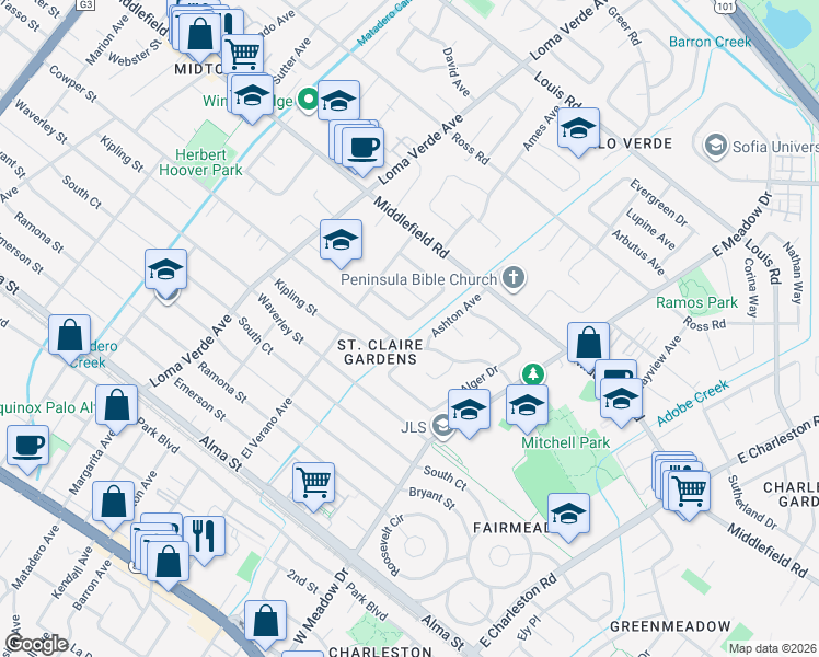 map of restaurants, bars, coffee shops, grocery stores, and more near 3328 Saint Michael Drive in Palo Alto