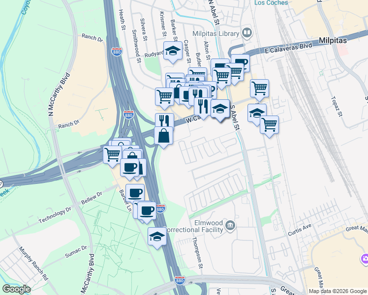 map of restaurants, bars, coffee shops, grocery stores, and more near 295 Rio Verde Place in Milpitas