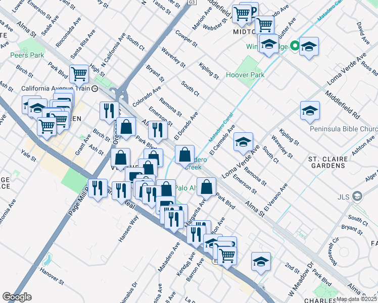 map of restaurants, bars, coffee shops, grocery stores, and more near 2885 Alma Street in Palo Alto