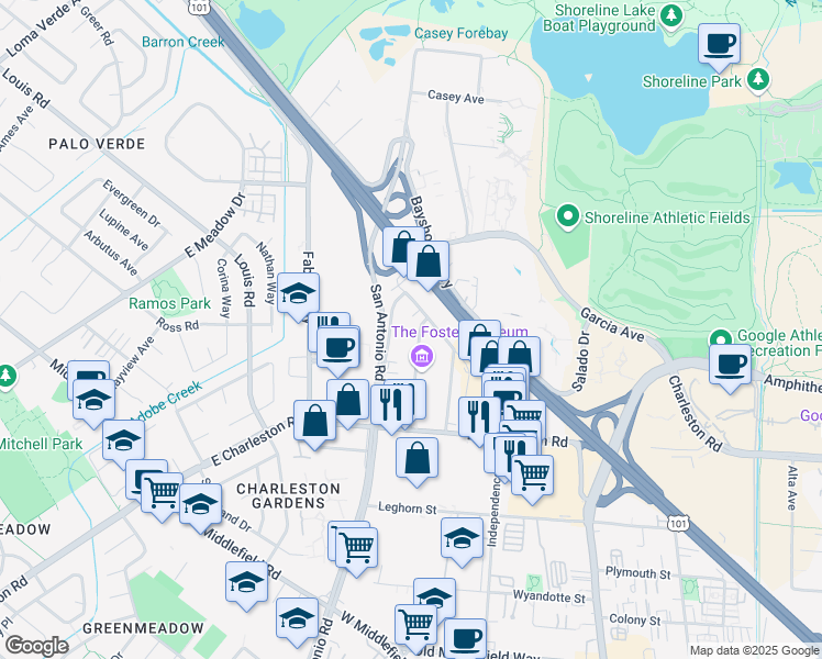 map of restaurants, bars, coffee shops, grocery stores, and more near 989 Commercial Street in Palo Alto