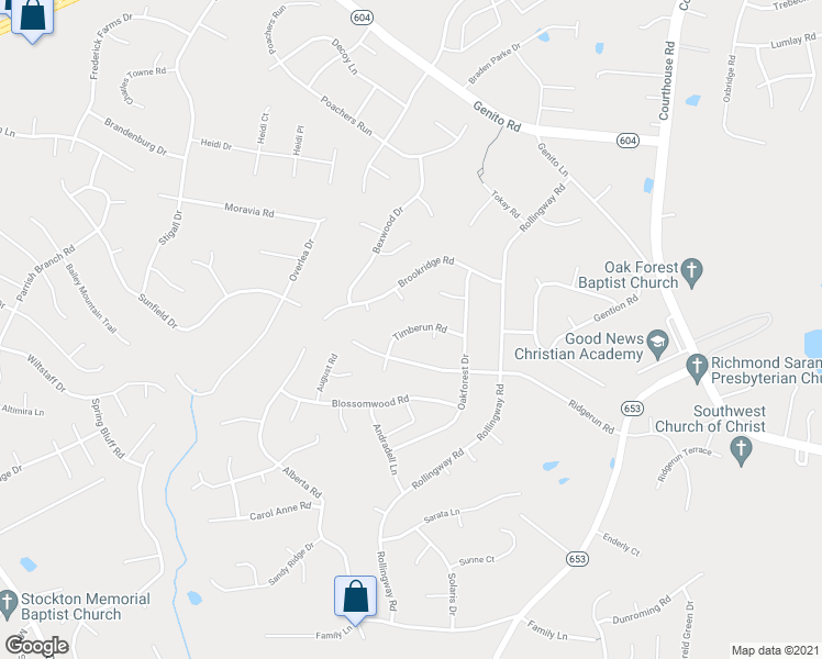 map of restaurants, bars, coffee shops, grocery stores, and more near 10723 Timber Run Road in Chesterfield
