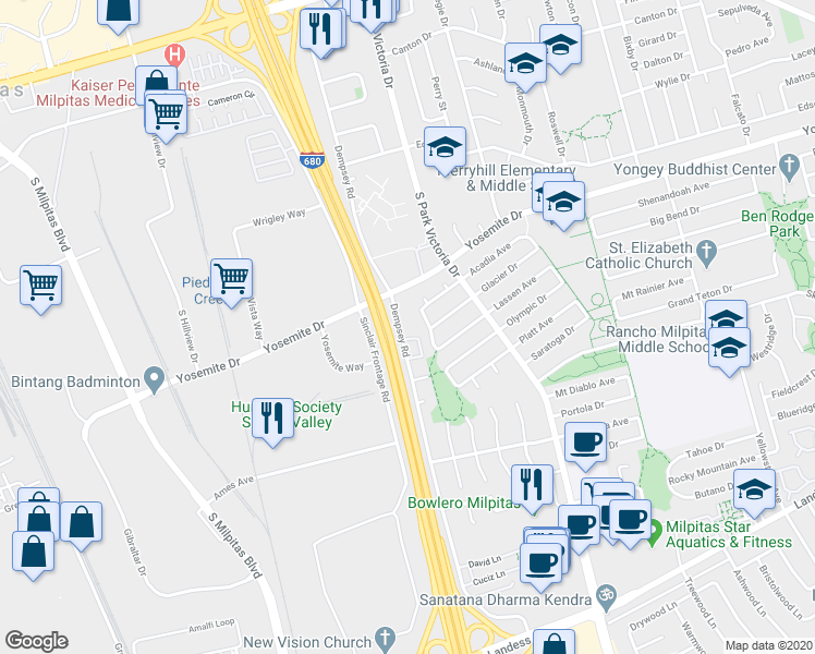 map of restaurants, bars, coffee shops, grocery stores, and more near 720 Dempsey Road in Milpitas