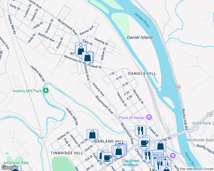 map of restaurants, bars, coffee shops, grocery stores, and more near 803 Spring Street in Lynchburg