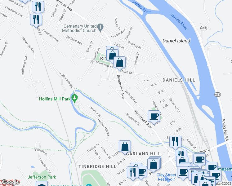 map of restaurants, bars, coffee shops, grocery stores, and more near 857 Belmont Street in Lynchburg