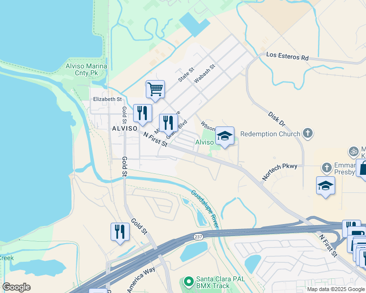 map of restaurants, bars, coffee shops, grocery stores, and more near 5128 North 1st Street in San Jose
