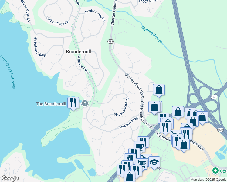 map of restaurants, bars, coffee shops, grocery stores, and more near 4405 Heritage Woods Lane in Midlothian