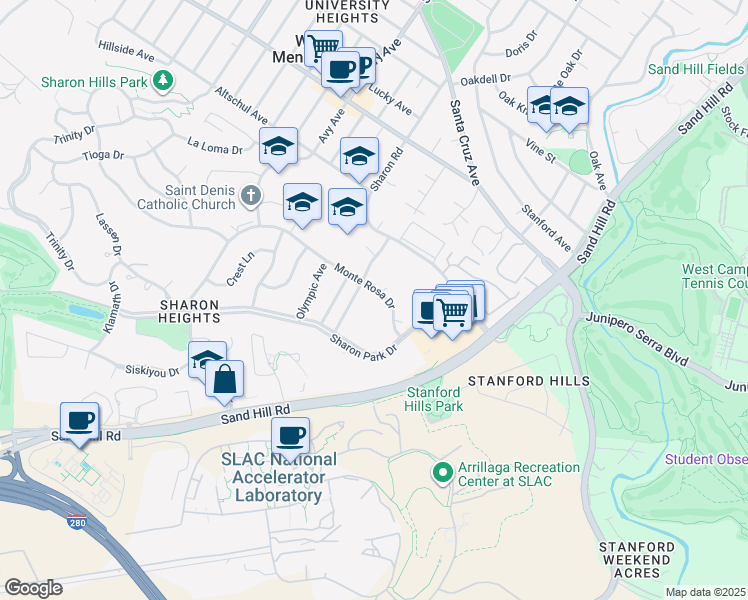 map of restaurants, bars, coffee shops, grocery stores, and more near 665 Monte Rosa Drive in Menlo Park