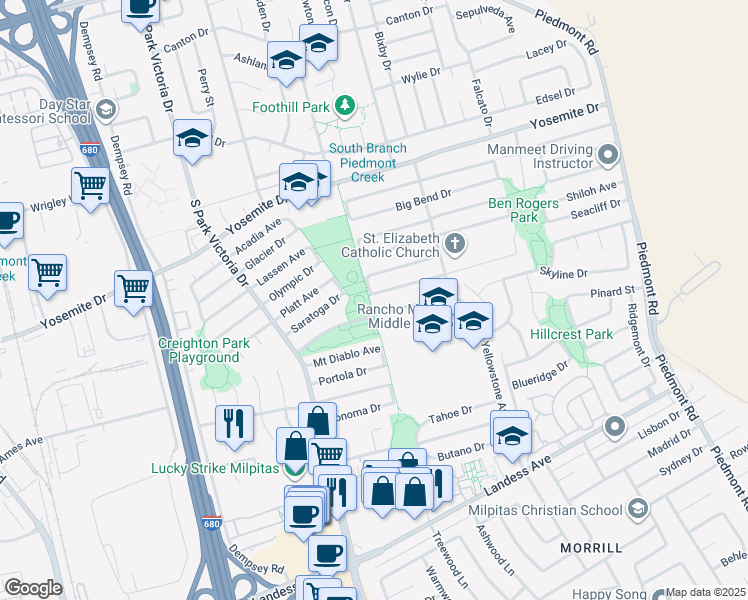 map of restaurants, bars, coffee shops, grocery stores, and more near 1598 Grand Teton Drive in Milpitas
