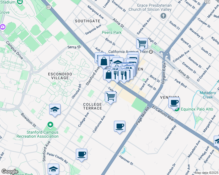 map of restaurants, bars, coffee shops, grocery stores, and more near 2257 Yale Street in Palo Alto