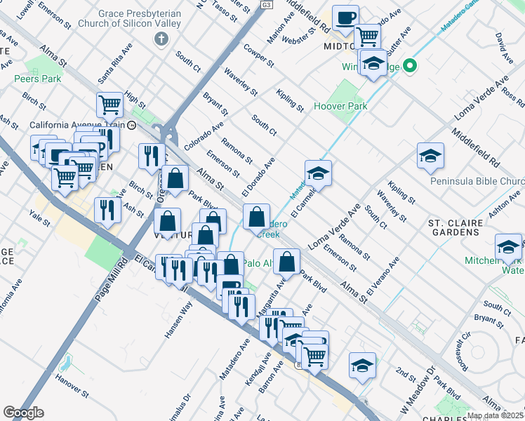 map of restaurants, bars, coffee shops, grocery stores, and more near 2845 Alma Street in Palo Alto