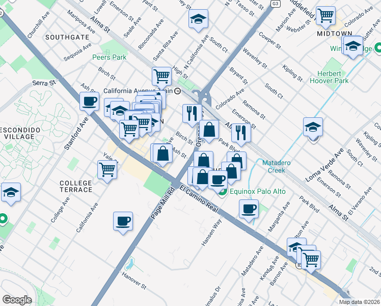 map of restaurants, bars, coffee shops, grocery stores, and more near 450 Page Mill Road in Palo Alto