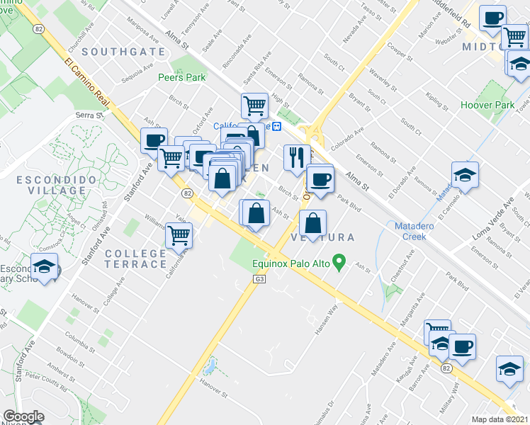 map of restaurants, bars, coffee shops, grocery stores, and more near 404 Sheridan Avenue in Palo Alto