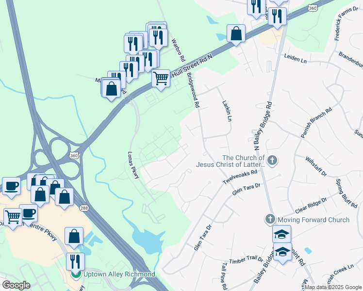 map of restaurants, bars, coffee shops, grocery stores, and more near 4202 Fort Sumter Court in Midlothian