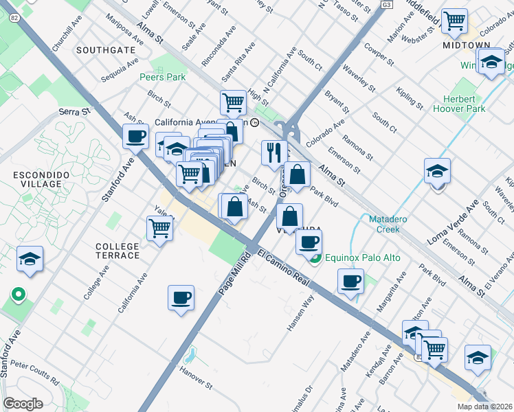 map of restaurants, bars, coffee shops, grocery stores, and more near 401 Sheridan Avenue in Palo Alto