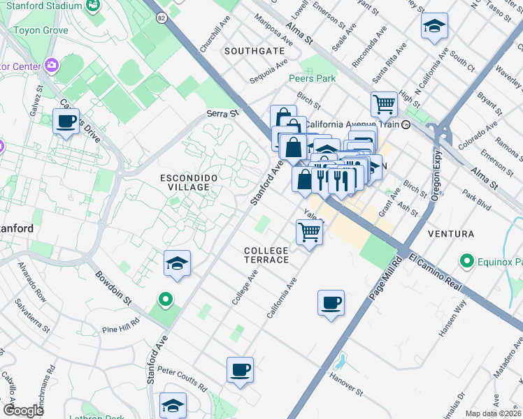 map of restaurants, bars, coffee shops, grocery stores, and more near 2050 Williams Street in Palo Alto