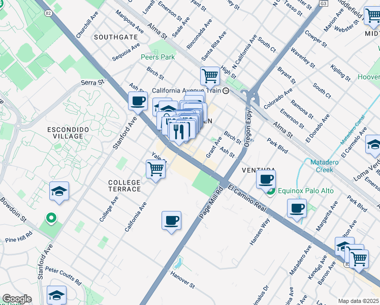 map of restaurants, bars, coffee shops, grocery stores, and more near 2455 El Camino Real in Palo Alto