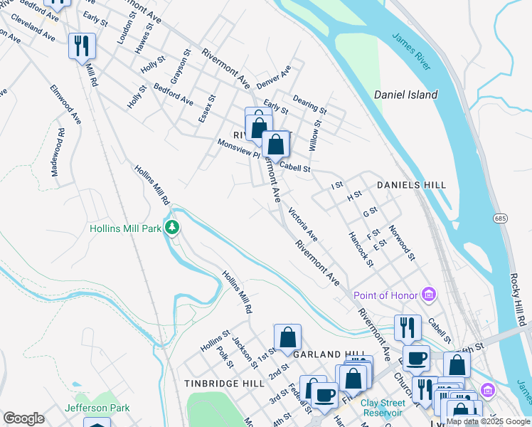 map of restaurants, bars, coffee shops, grocery stores, and more near 859 Belmont Street in Lynchburg