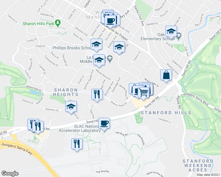 map of restaurants, bars, coffee shops, grocery stores, and more near 2315 Blueridge Avenue in Menlo Park