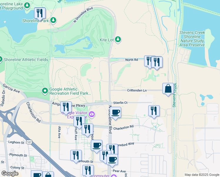 map of restaurants, bars, coffee shops, grocery stores, and more near 2195 North Shoreline Boulevard in Mountain View