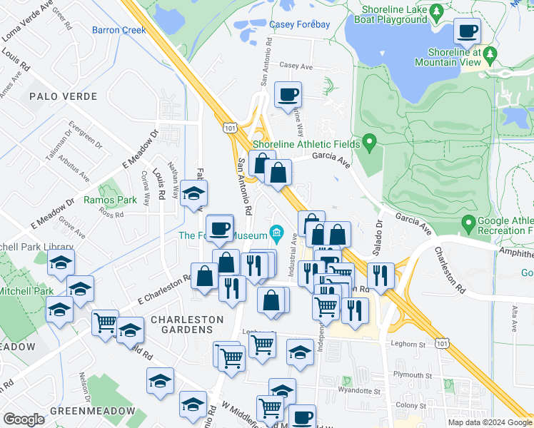 map of restaurants, bars, coffee shops, grocery stores, and more near 991 Commercial Street in Palo Alto