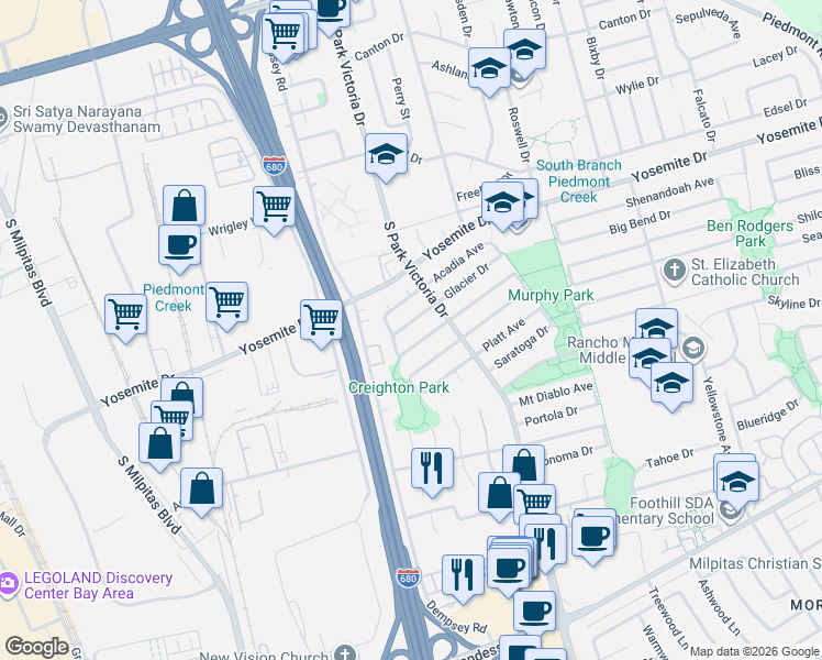 map of restaurants, bars, coffee shops, grocery stores, and more near 1224 Glacier Drive in Milpitas