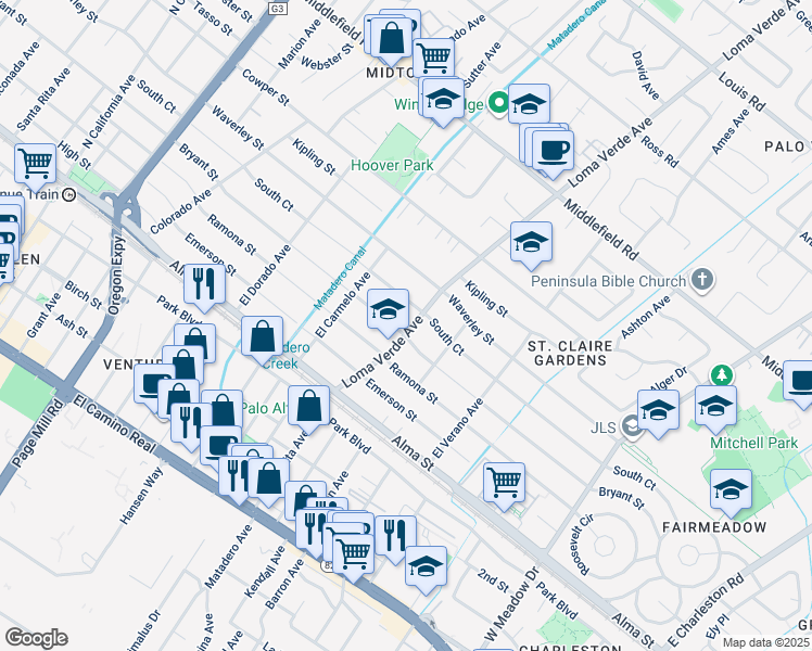 map of restaurants, bars, coffee shops, grocery stores, and more near 3151 Bryant Street in Palo Alto
