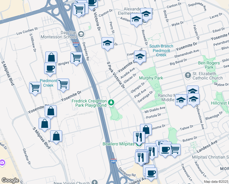 map of restaurants, bars, coffee shops, grocery stores, and more near 1224 Glacier Drive in Milpitas