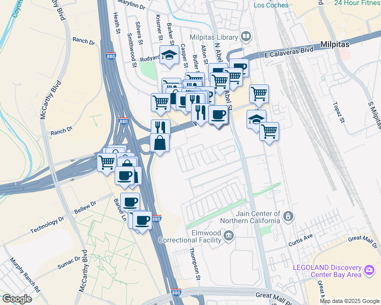 map of restaurants, bars, coffee shops, grocery stores, and more near 295 Rio Verde Place in Milpitas