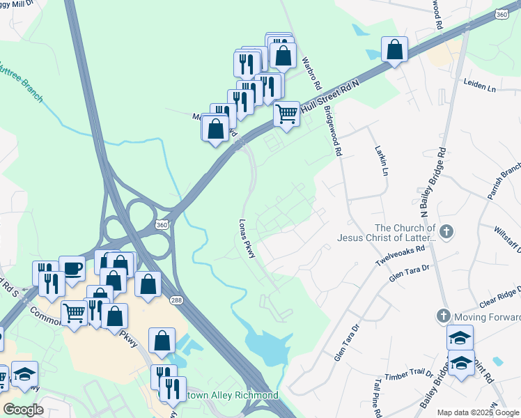 map of restaurants, bars, coffee shops, grocery stores, and more near 3900 Maze Runner Drive in Midlothian