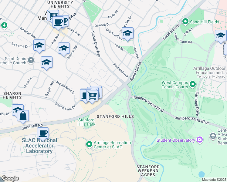 map of restaurants, bars, coffee shops, grocery stores, and more near 2439 Sharon Oaks Drive in Menlo Park