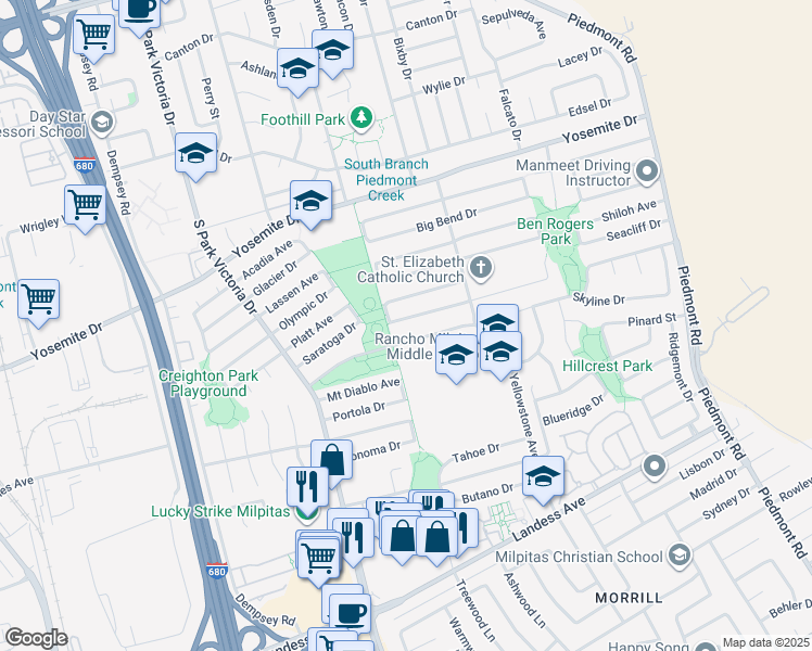 map of restaurants, bars, coffee shops, grocery stores, and more near 1630 Grand Teton Drive in Milpitas