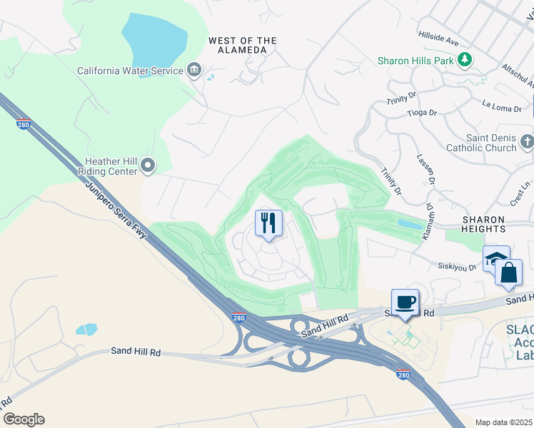 map of restaurants, bars, coffee shops, grocery stores, and more near 222 Sand Hill Circle in Menlo Park