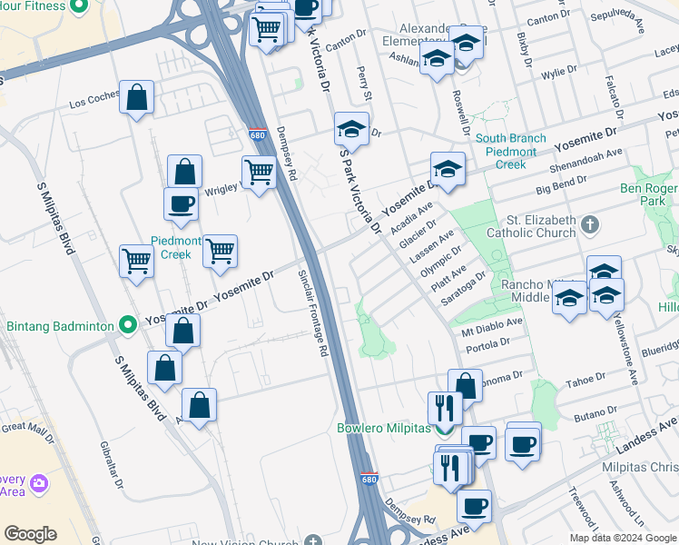map of restaurants, bars, coffee shops, grocery stores, and more near 720 Dempsey Road in Milpitas