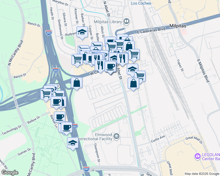 map of restaurants, bars, coffee shops, grocery stores, and more near 343 Ethyl Street in Milpitas