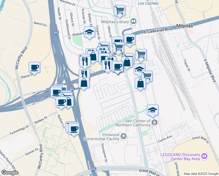 map of restaurants, bars, coffee shops, grocery stores, and more near 3082 Junipero Drive in Milpitas