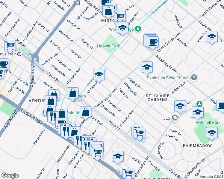 map of restaurants, bars, coffee shops, grocery stores, and more near 3151 Bryant Street in Palo Alto