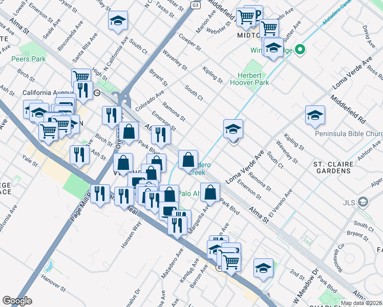 map of restaurants, bars, coffee shops, grocery stores, and more near 2845 Alma Street in Palo Alto