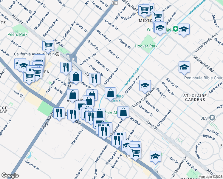 map of restaurants, bars, coffee shops, grocery stores, and more near 2845 Alma Street in Palo Alto